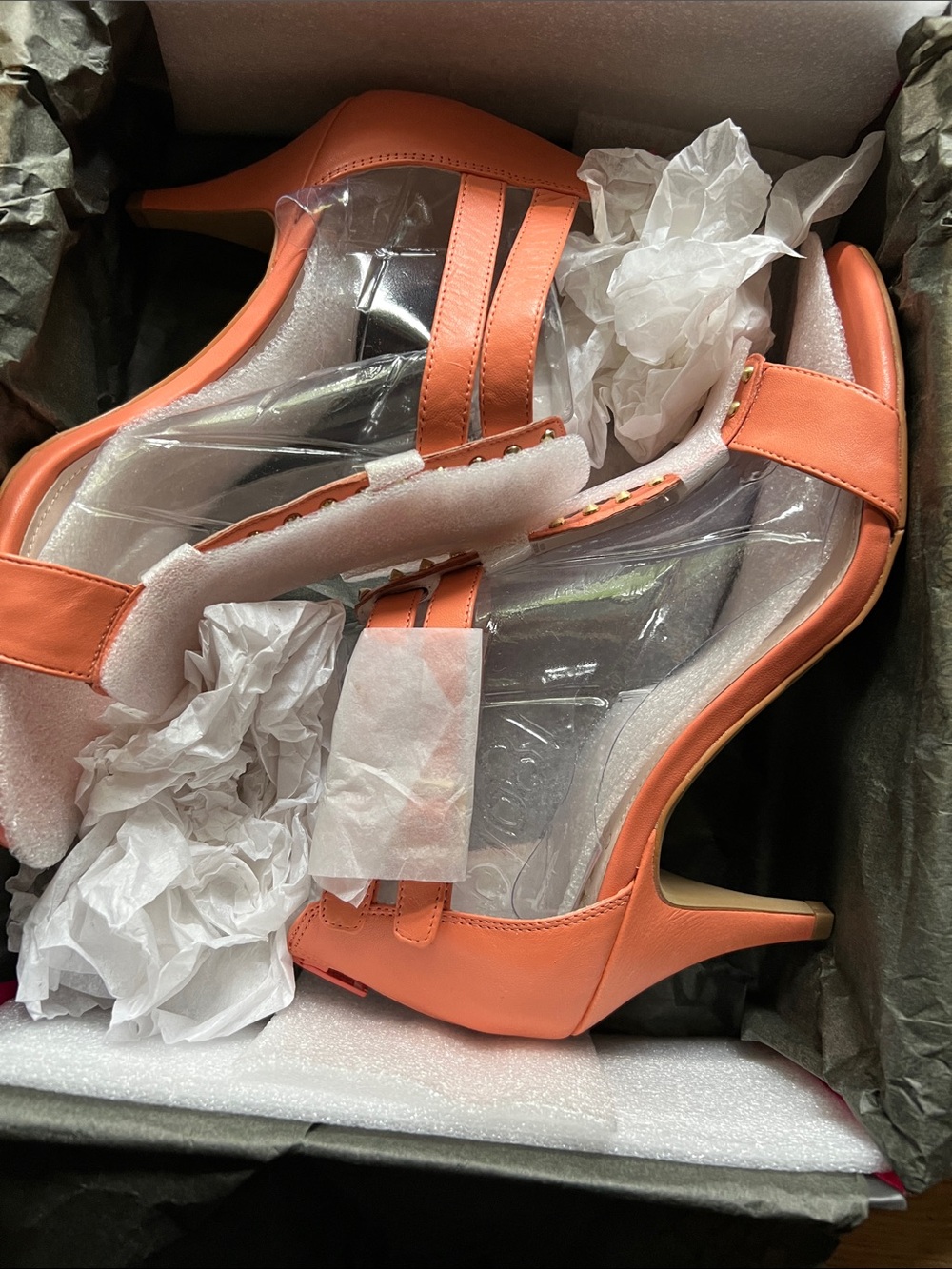 Vince Camuto Coral Orange Studded T-Strap Heeled Sandals